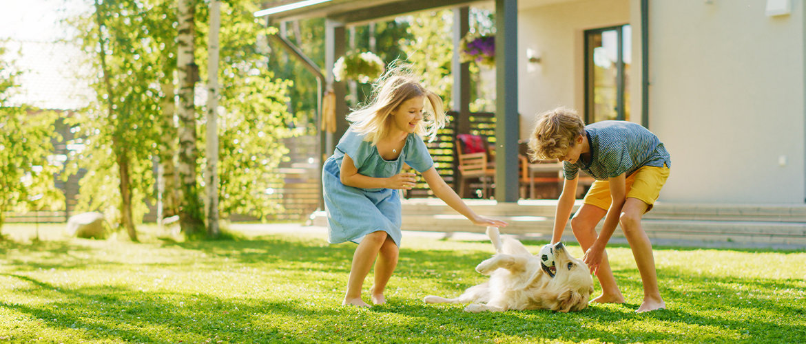 Two kids playing with dog in backyard